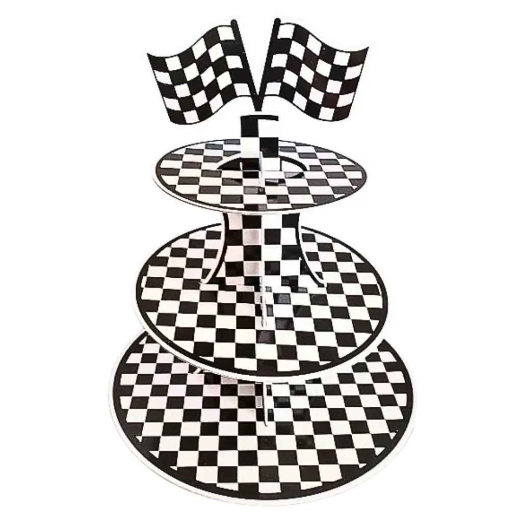 black white checkered 3 tier Racing car theme cupcake stand dessert table