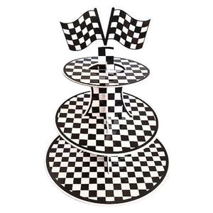 black white checkered 3 tier Racing car theme cupcake stand dessert table