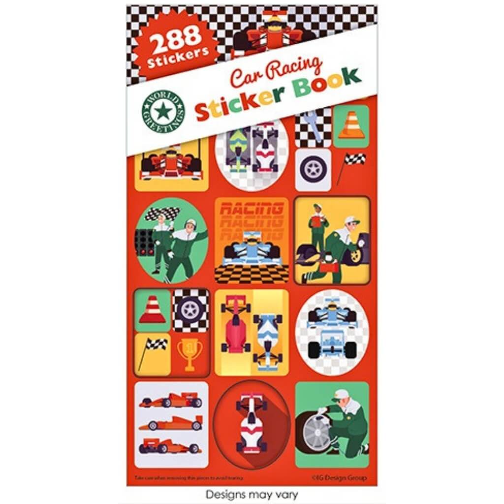 Racing Cars sticker book containing 288 assorted racing stickers.