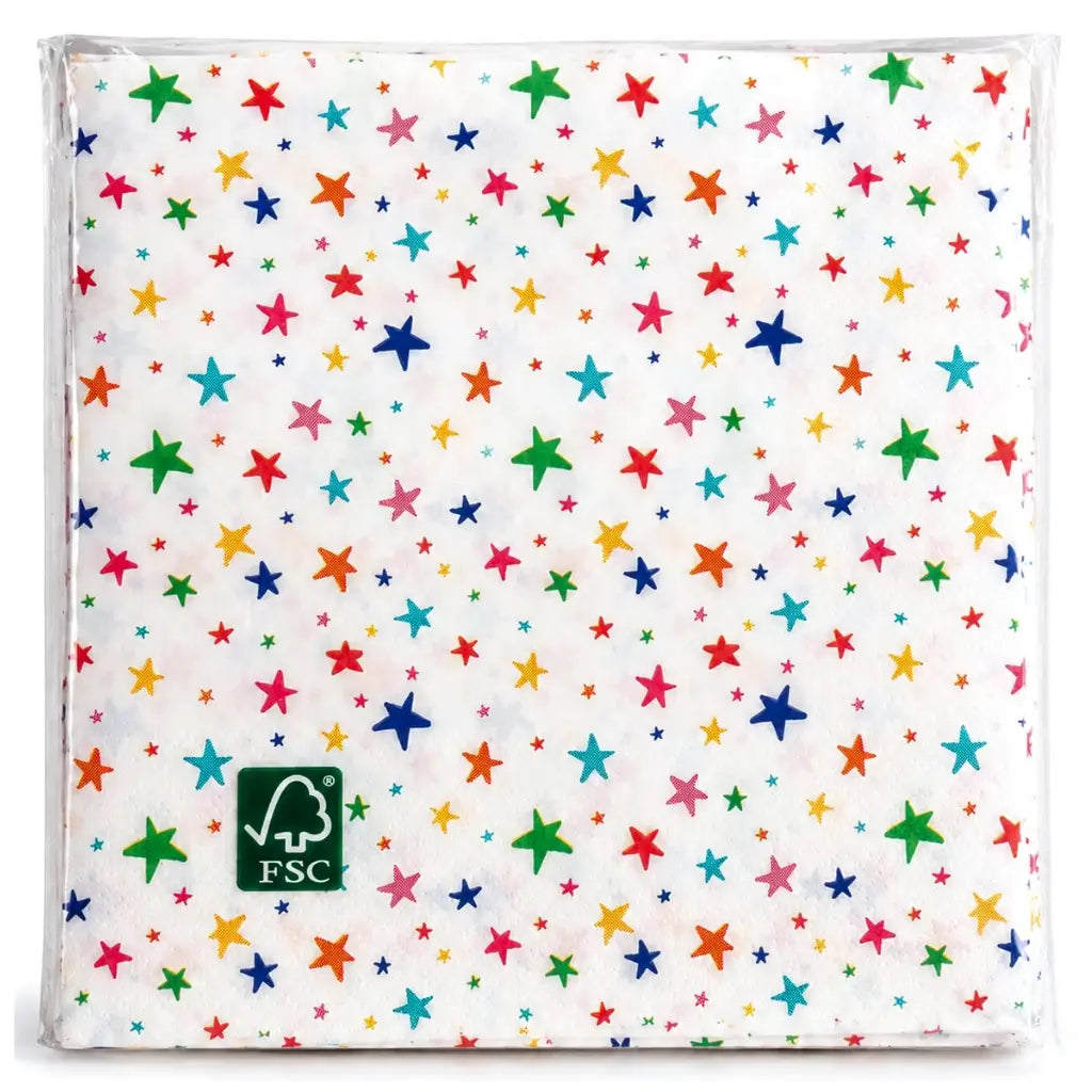 White 33cm paper party napkins decorated with colourful rainbow stars
