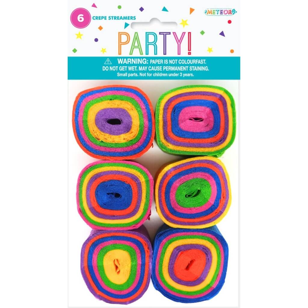 Pack of 6 Rainbow Crepe Paper Streamers.