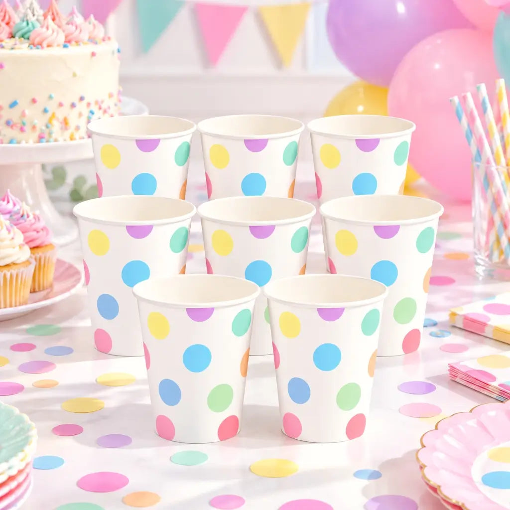 Pastel polka dot paper cup with colourful dots on white