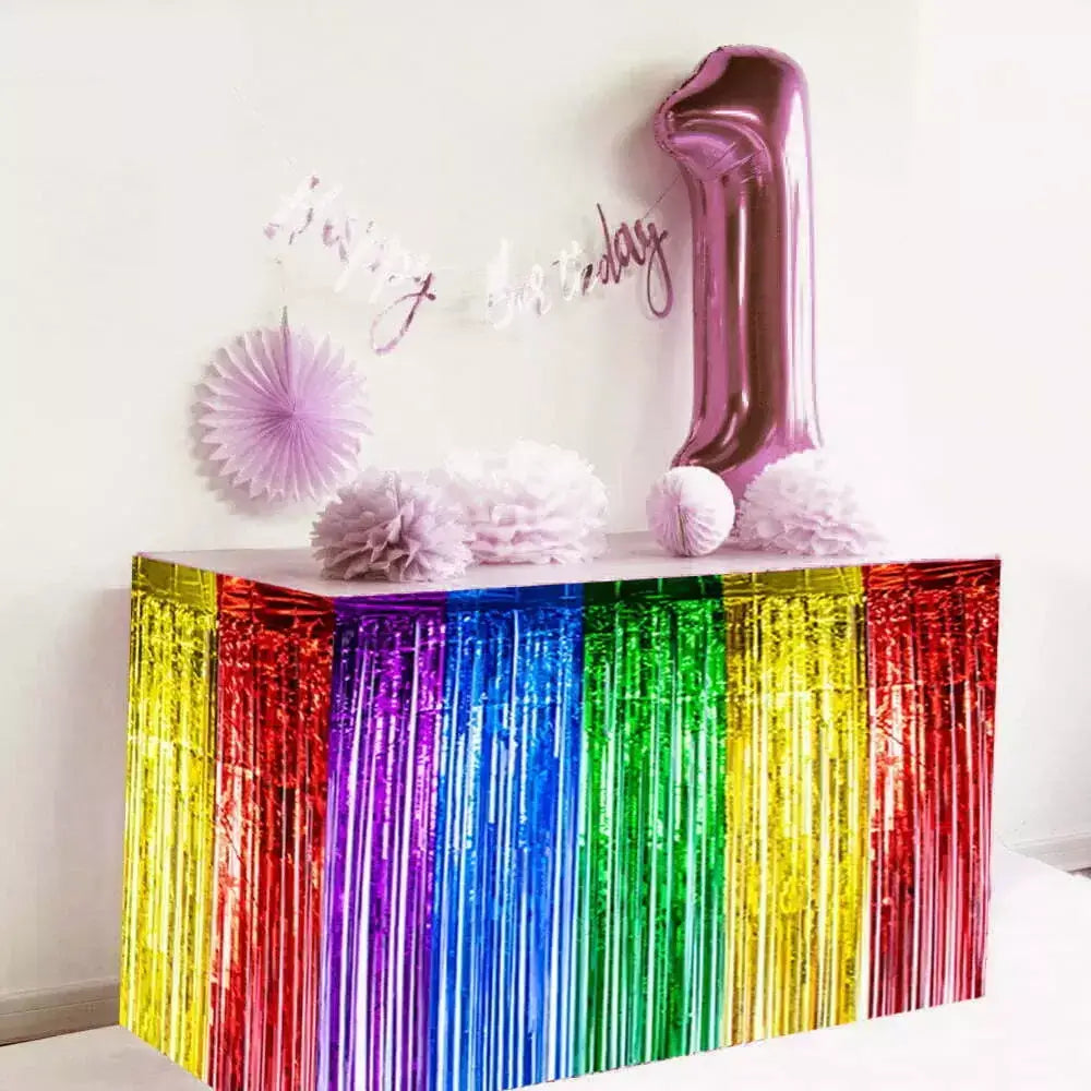 Rainbow Foil Fringe Table Skirt