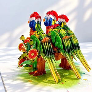 Australian Christmas pop-up card featuring rainbow lorikeets and native flowers