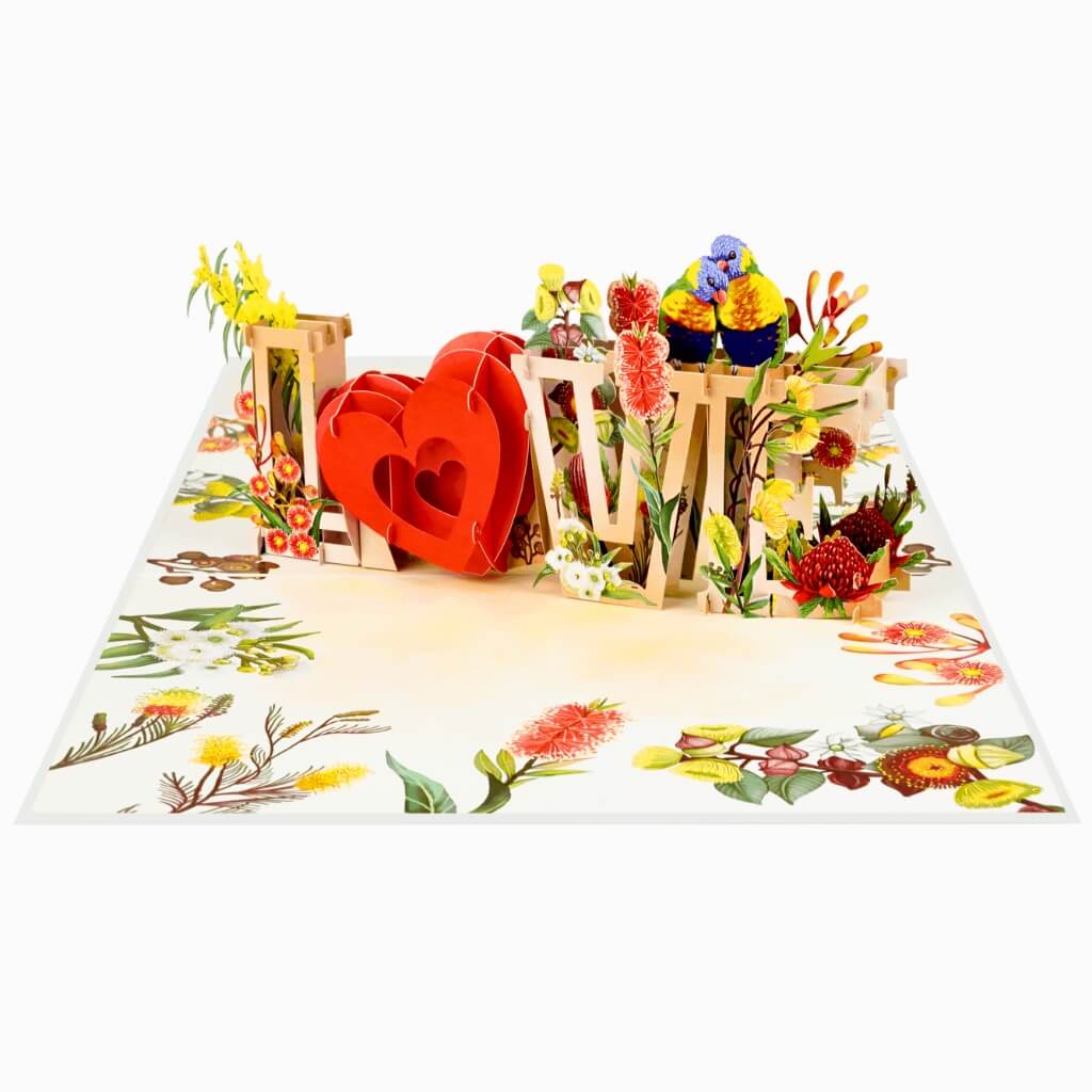 Rainbow Lorikeet LOVE Birds with Australian Native Flowers 3D Pop Up Greeting Card