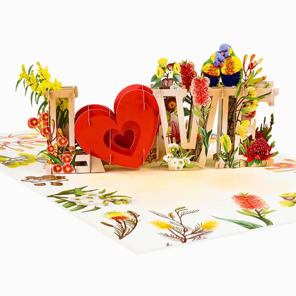 Rainbow Lorikeet LOVE Birds with Australian Native Flowers 3D Pop Up Greeting Card