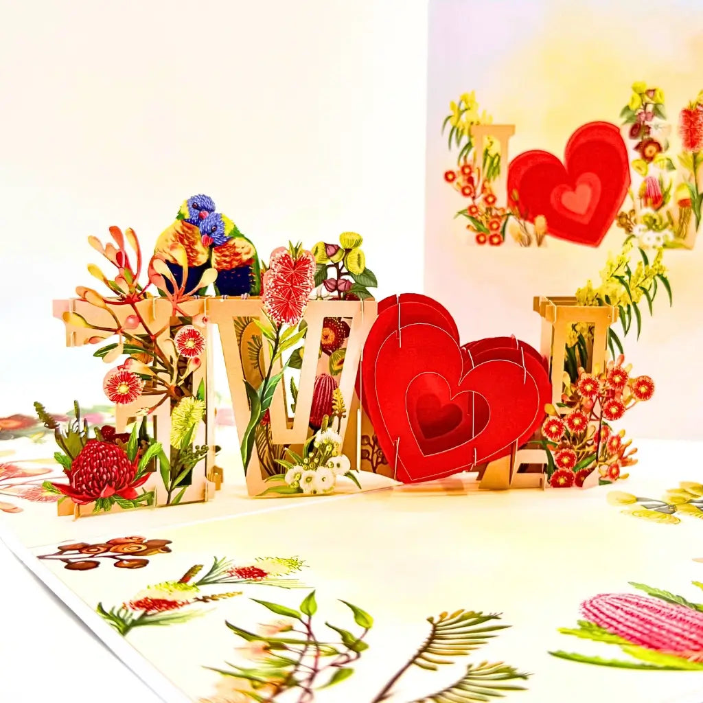 Rainbow Lorikeet LOVE Birds with native flowers 3D pop-up card