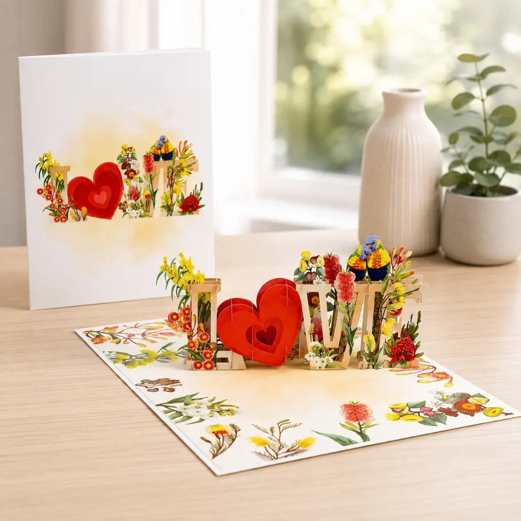 Rainbow Lorikeet LOVE Birds with Australian Native Flowers 3D Pop Up Greeting Card