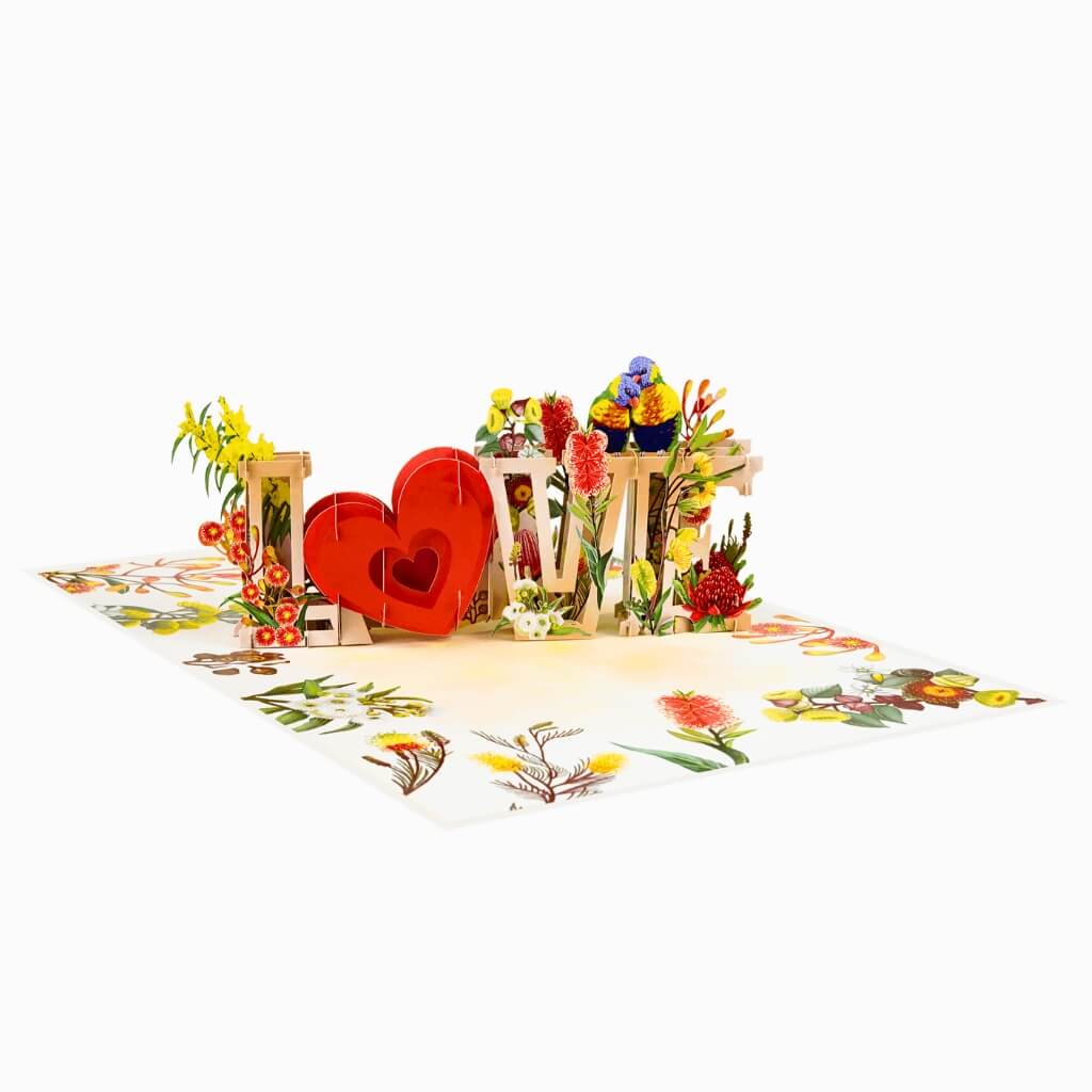 Rainbow Lorikeet LOVE Birds with Australian Native Flowers 3D Pop Up Greeting Card