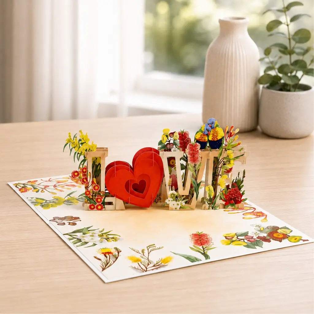 Rainbow Lorikeet LOVE Birds with Australian Native Flowers 3D Pop Up Greeting Card