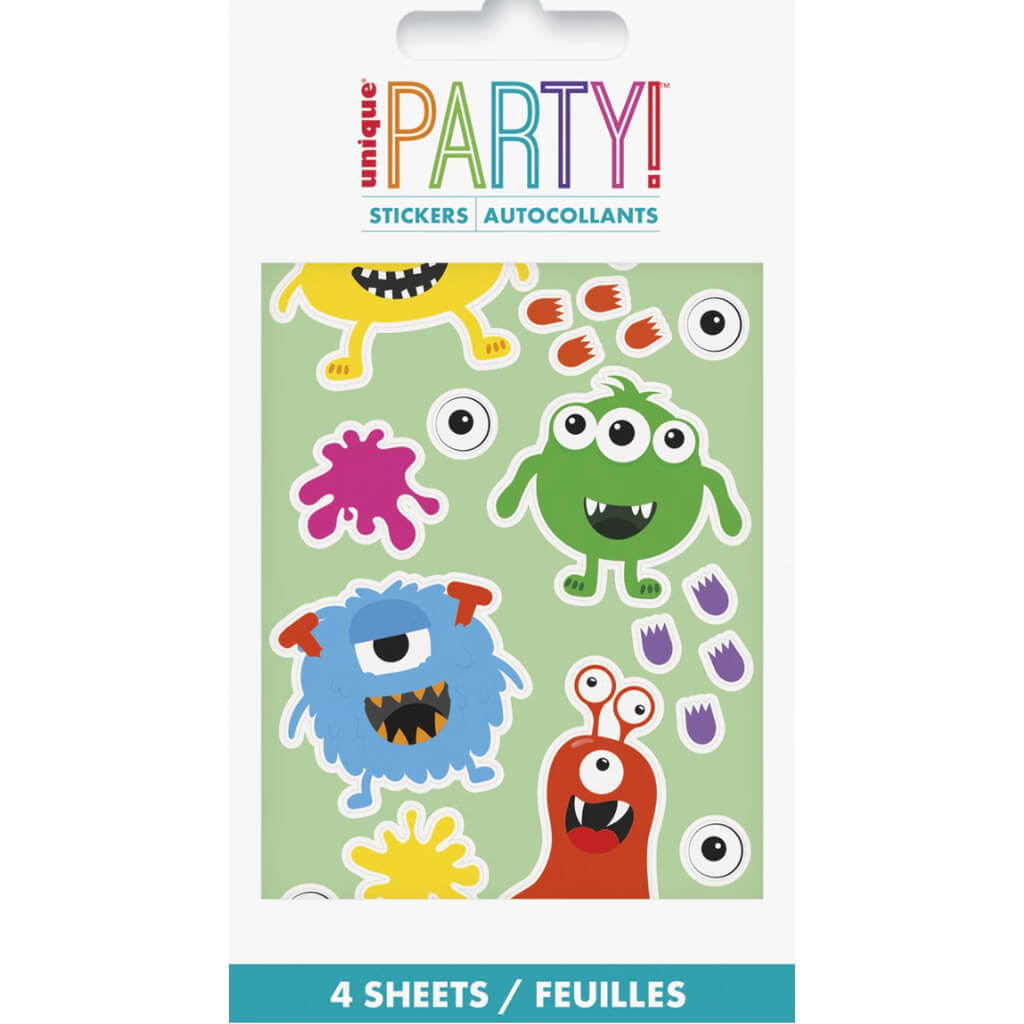 Rainbow Monster Sticker Sheets 4 pack kids birthday party favours
