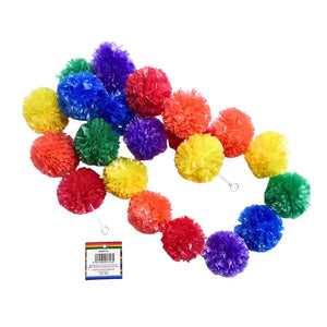 Indian traditional rainbow garland with fluffy multicoloured pom poms on a white background