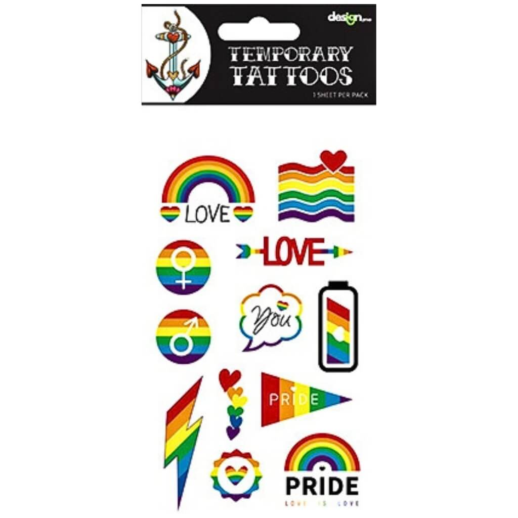 Sheet of rainbow pride temporary tattoos with hearts and flags