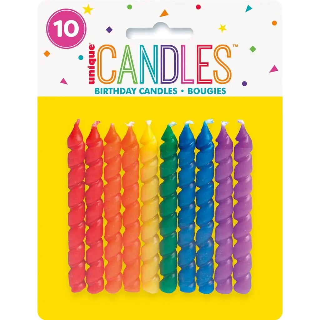 rainbow spiral birthday cake candles 10 pack in assorted bright colours
