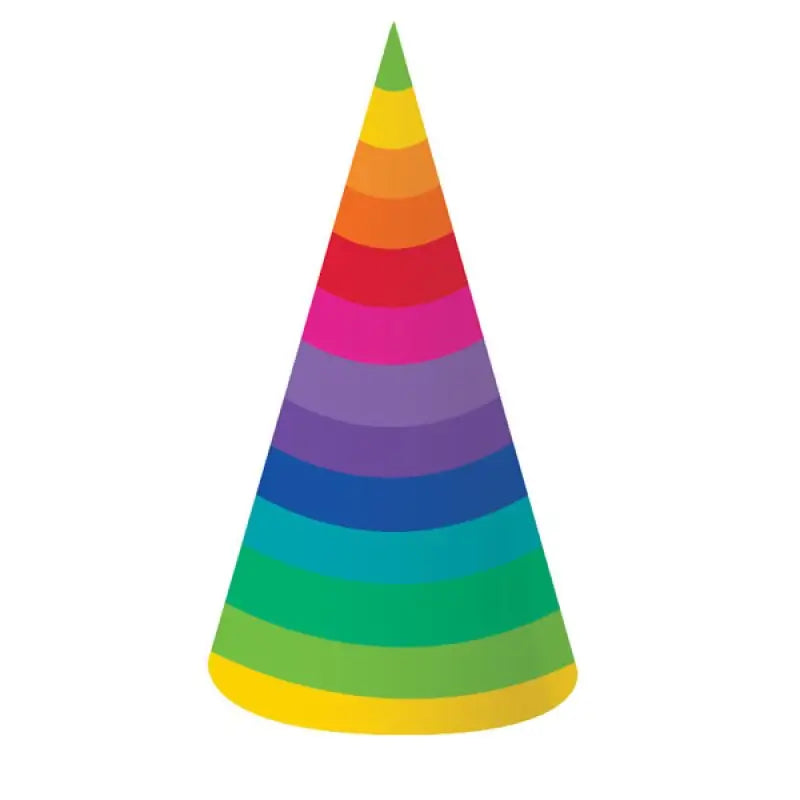 Pack of 8 Rainbow Striped Cone Shaped Party Hats.