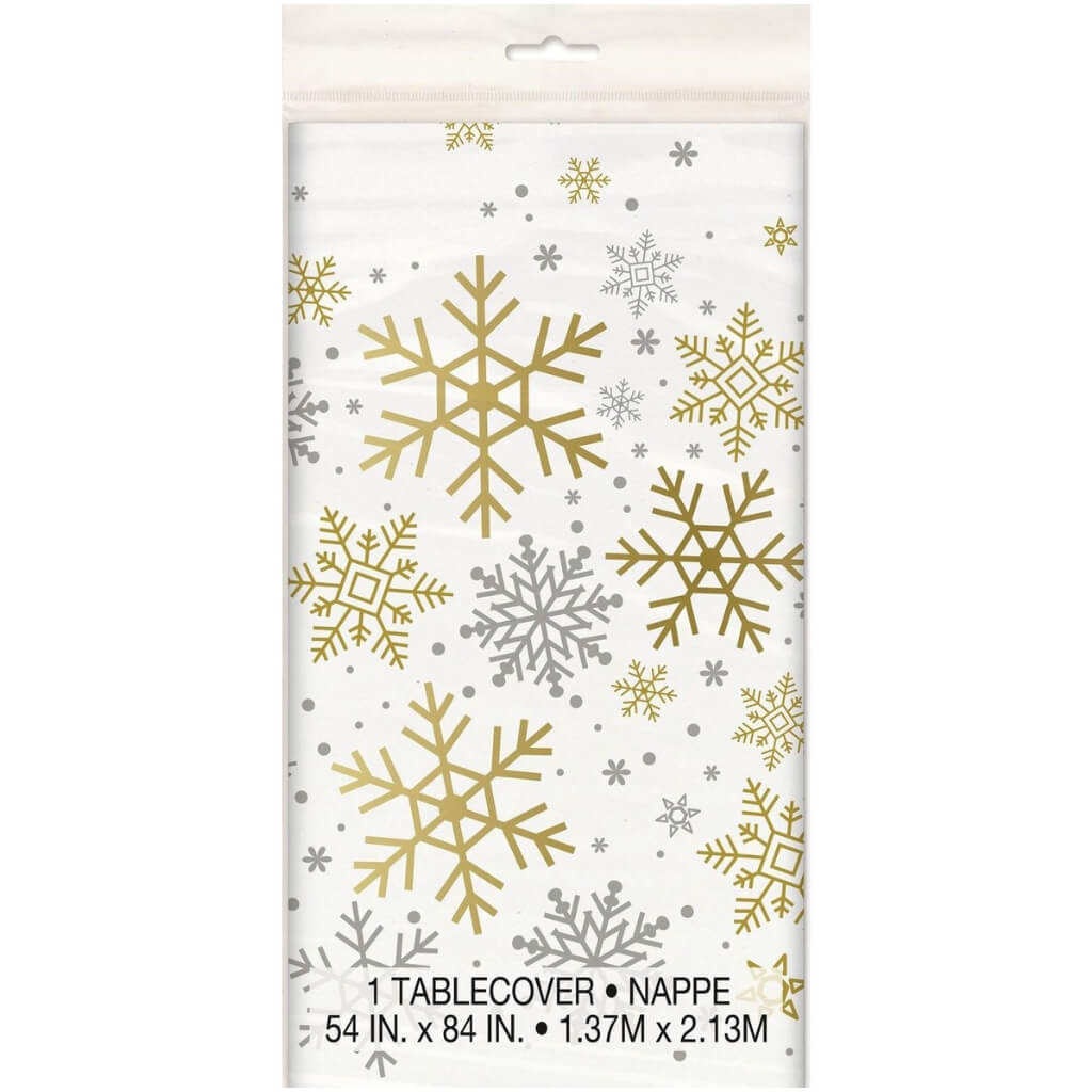 Silver & Gold Holiday Snowflakes Plastic Tablecover