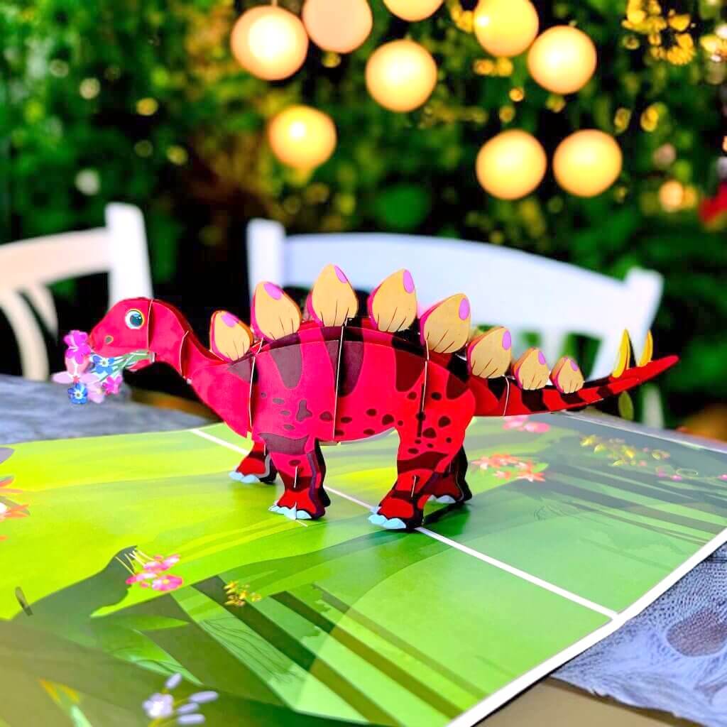 red Baby Stegosaurus Dinosaur Pop Up Card