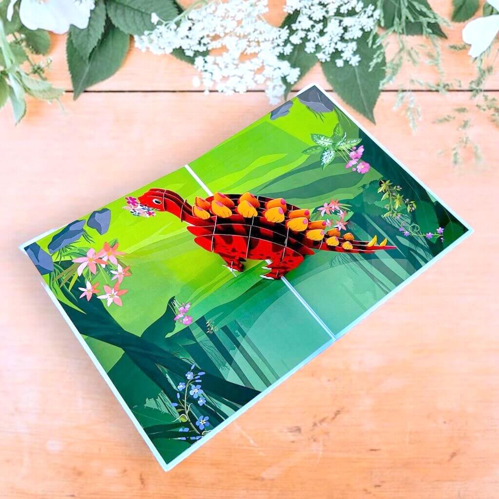 red Baby Stegosaurus Dinosaur Pop Up Card