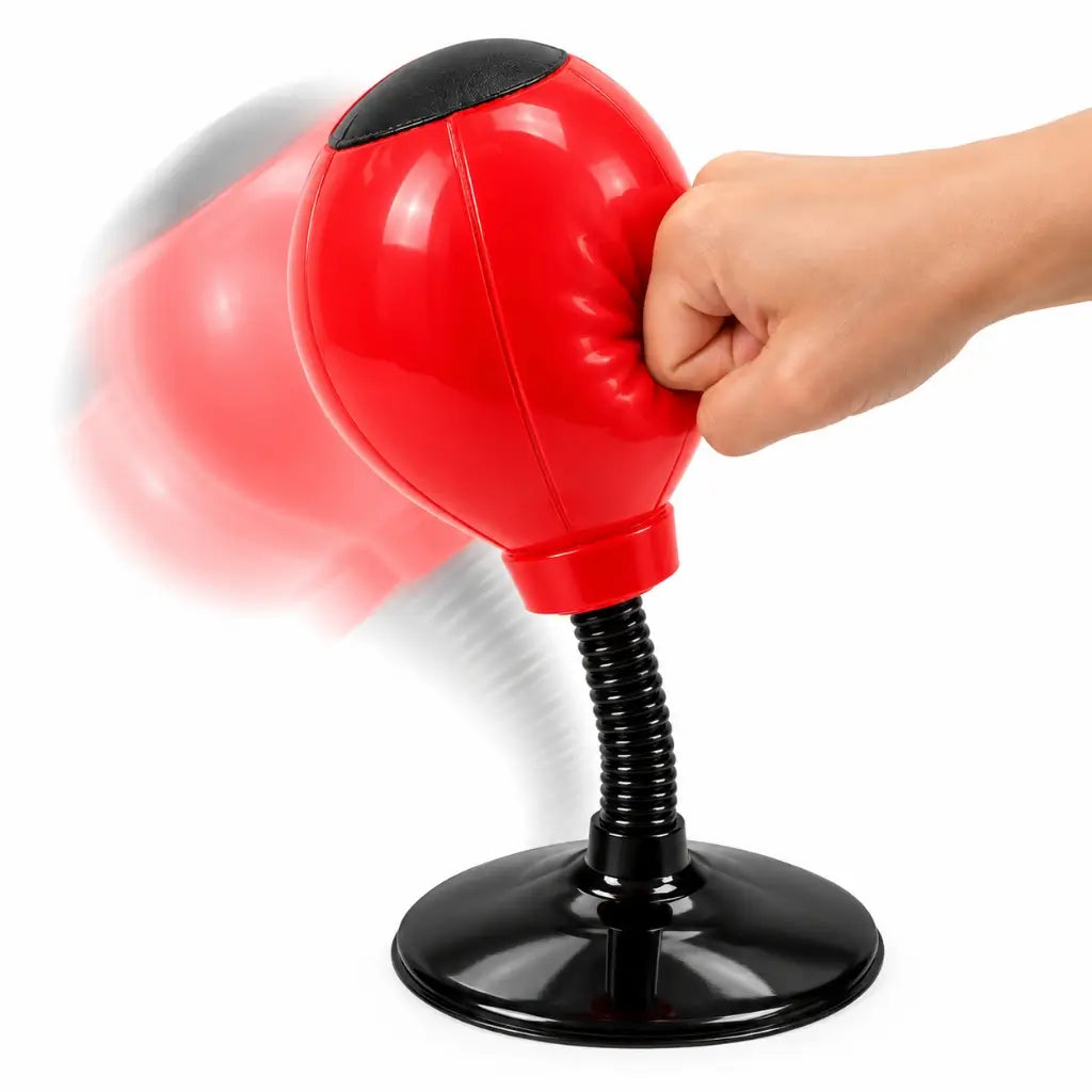 Spring-mounted desktop punching toy designed to bend and rebound