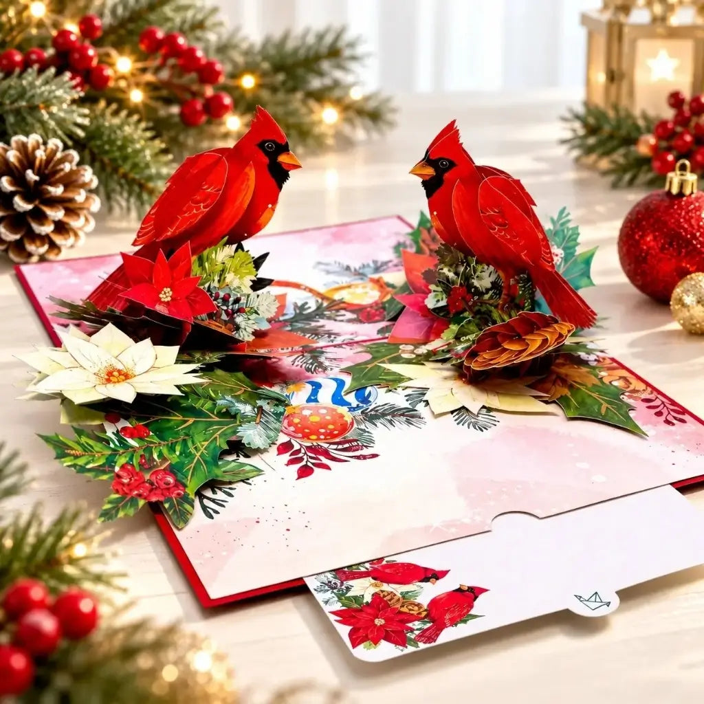 Pair of red cardinals Christmas 3D pop-up card