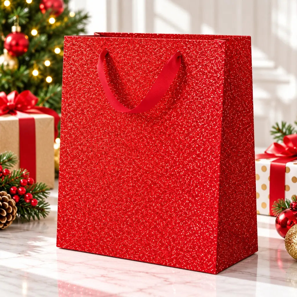red Christmas glitter gift bag with matching ribbon handles