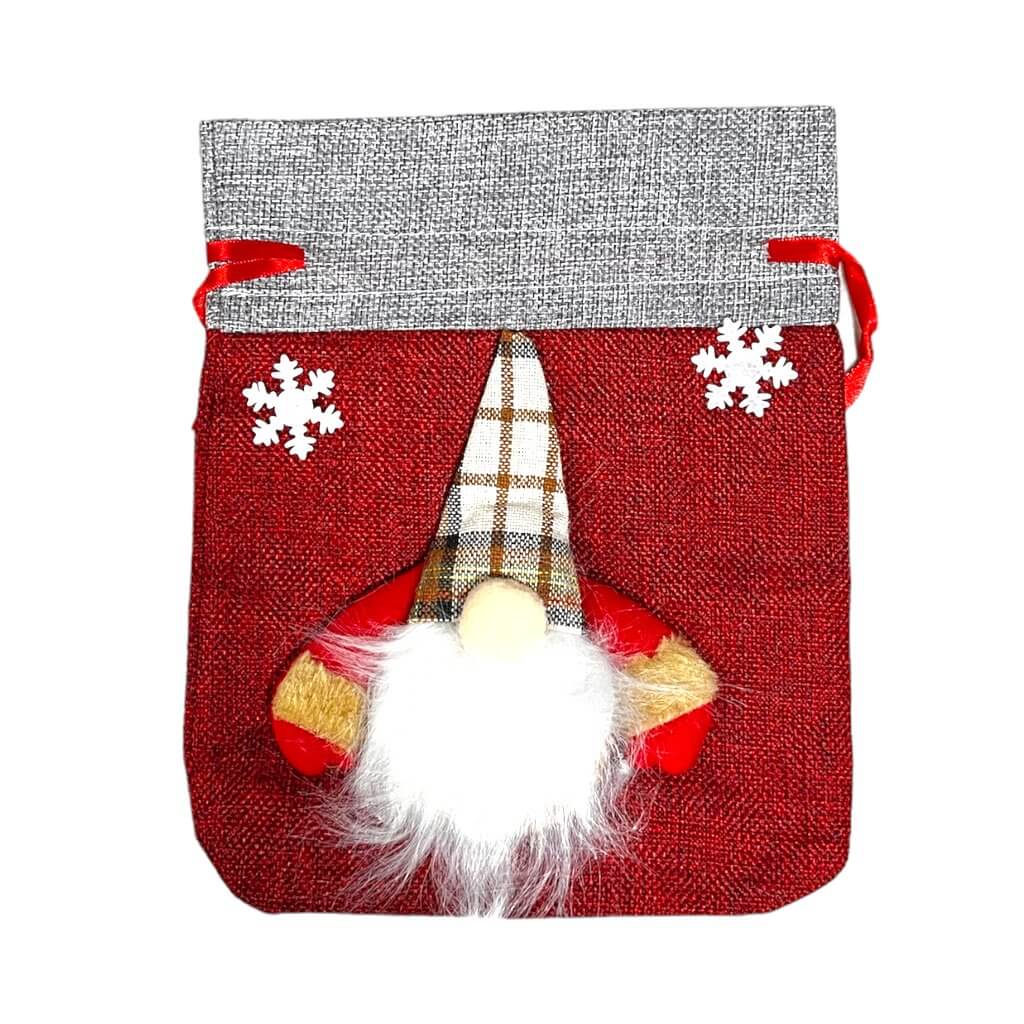 Red Faceless Gnome Santa Hessian Drawstring Gift Bag
