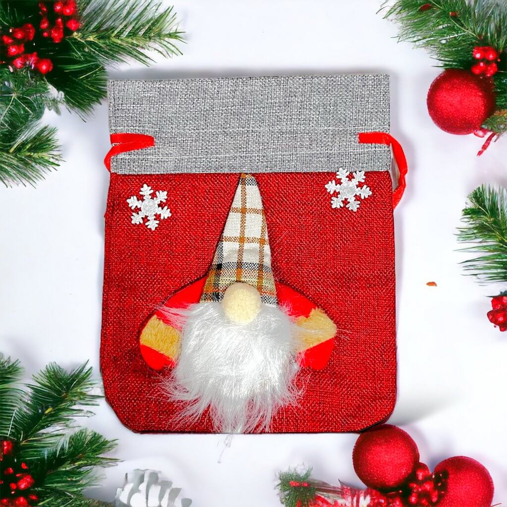 Red Faceless Gnome Santa Hessian Drawstring Gift Bag