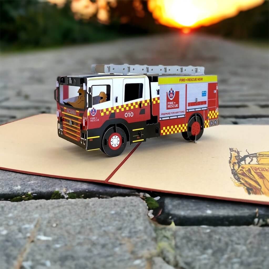 Handmade Red Fire Engine 3D Pop Up Greeting Card - Pop Up Transportation Card