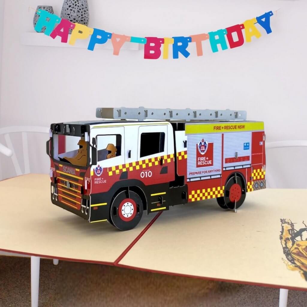 Handmade Red Fire Engine 3D Pop Up Greeting Card - Pop Up Transportation Card