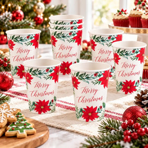Pack of eight 270ml poinsettia Christmas paper cups