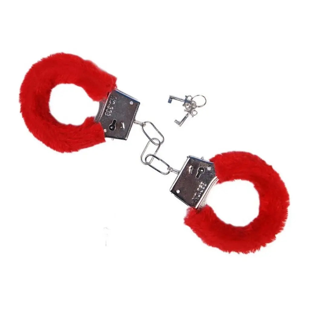 Red furry handcuffs with two silver keys