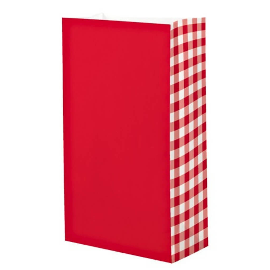Red gingham paper party loot bags 8 pack for party favours, treats and gifts.