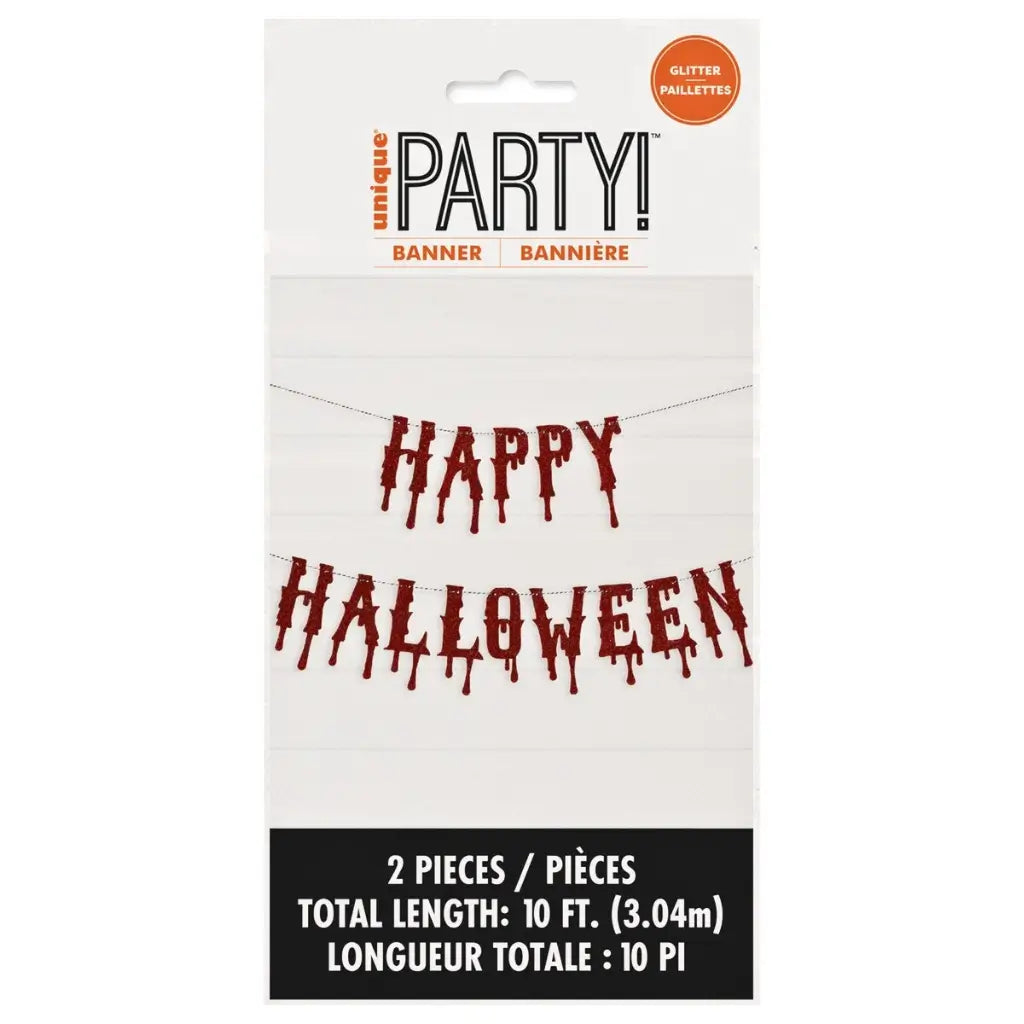 Red glitter Happy Halloween dripping letter banner measuring approximately 3.04m
