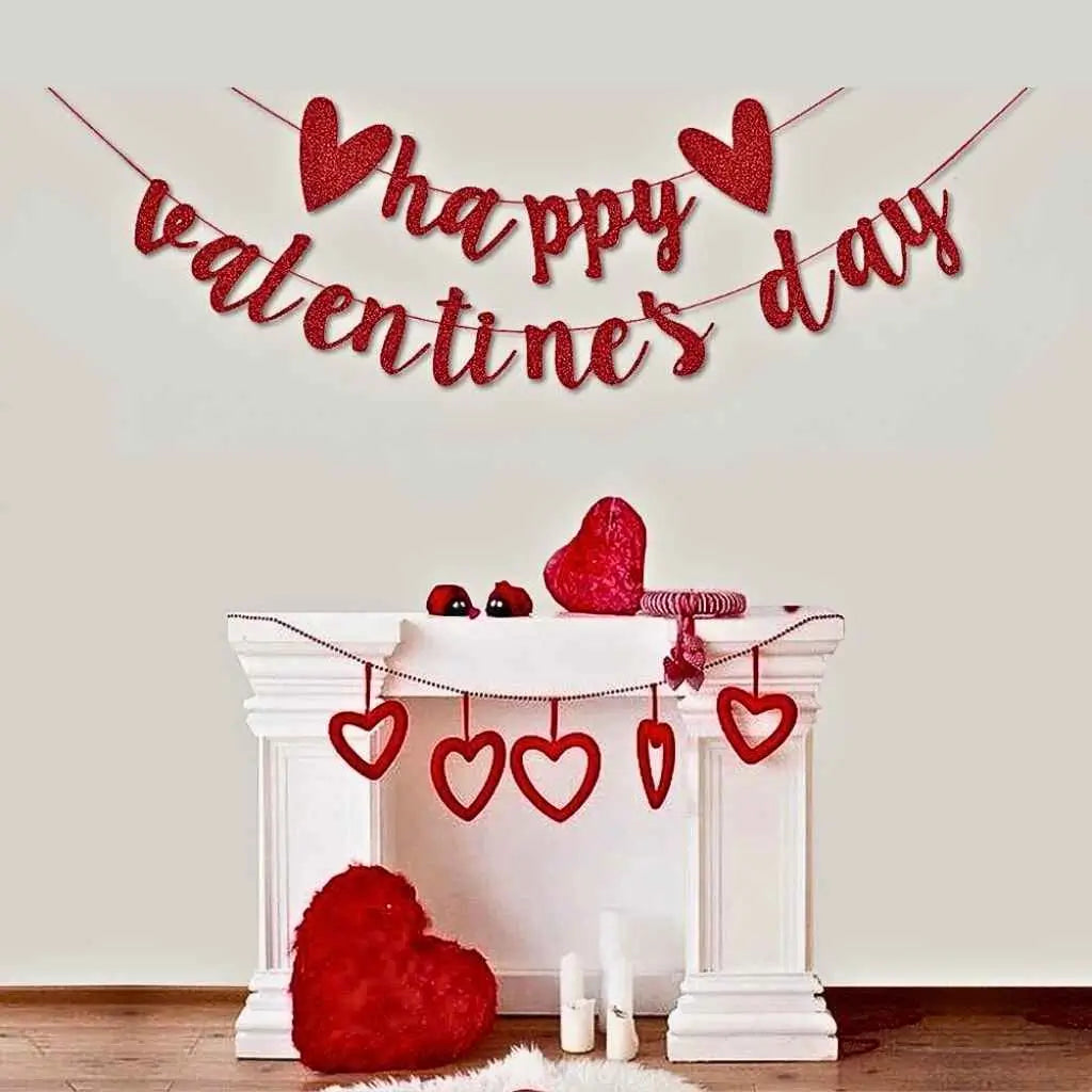Glitter red Happy Valentine’s Day banner with heart garland