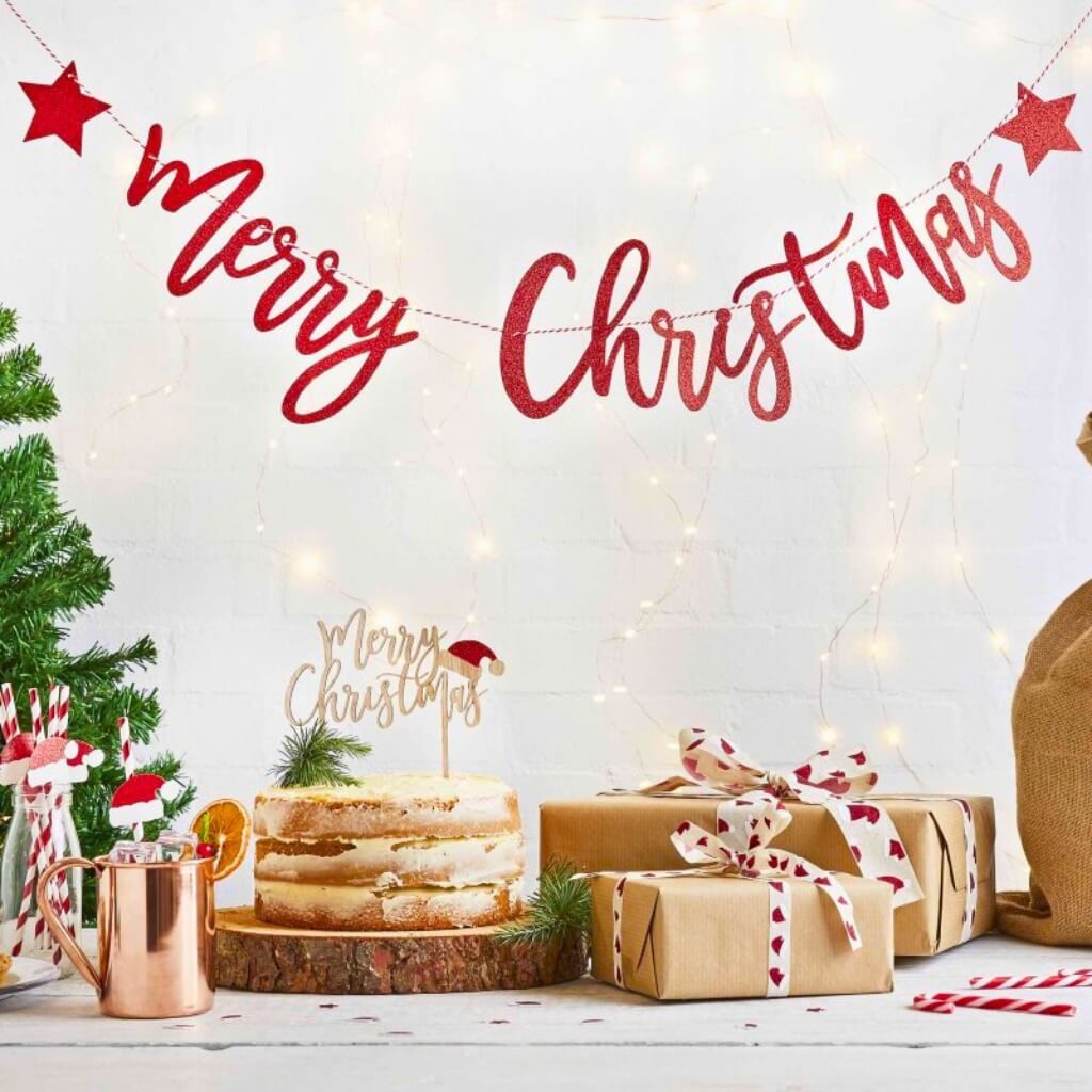 Red Glitter Merry Christmas with stars Banner Hanging Decoration