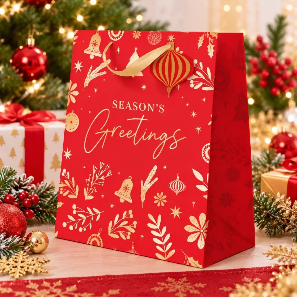 Red and gold formal Christmas gift bag with festive icons