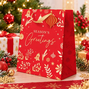 Red and gold formal Christmas gift bag with festive icons