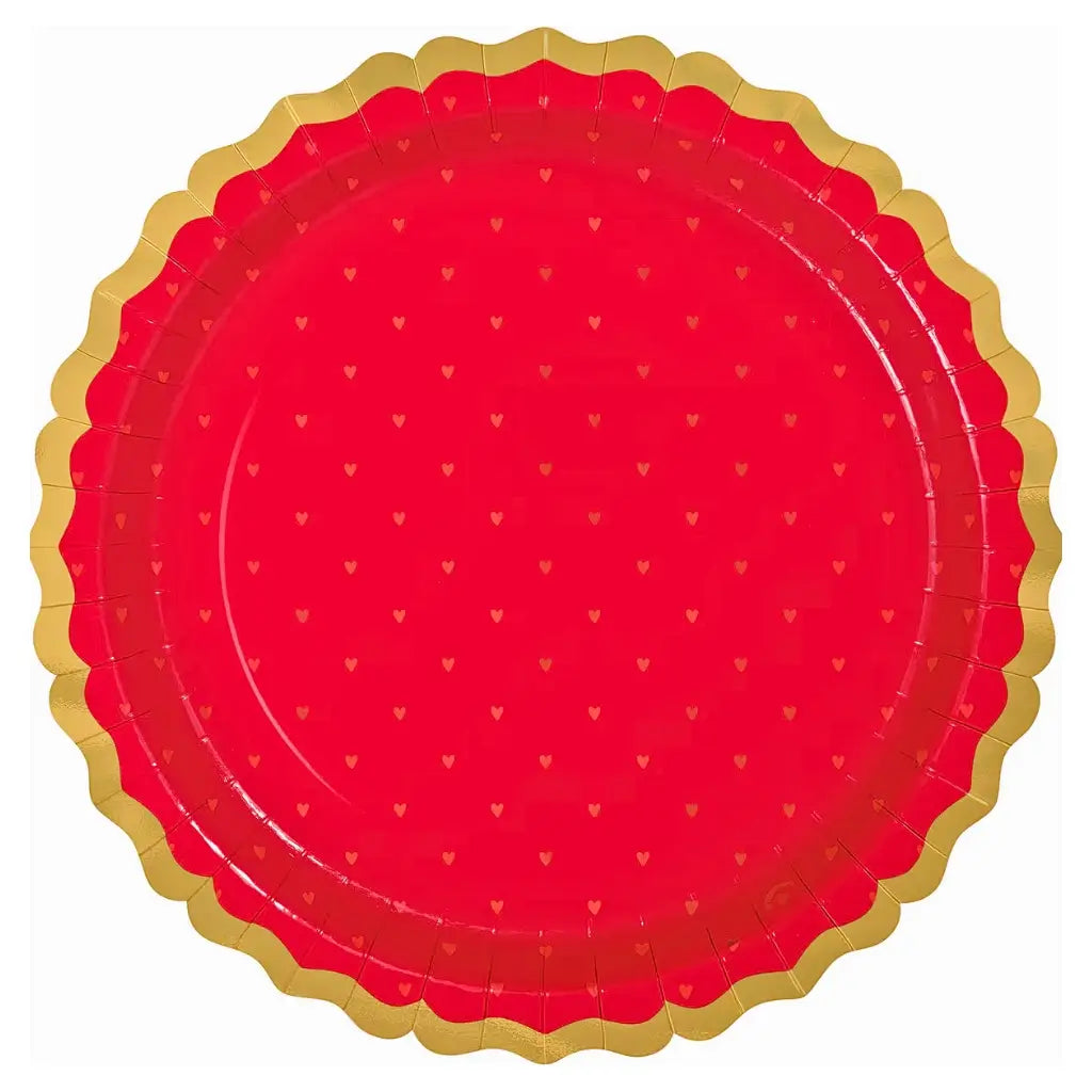 Ruby red paper plates with gold heart foil design