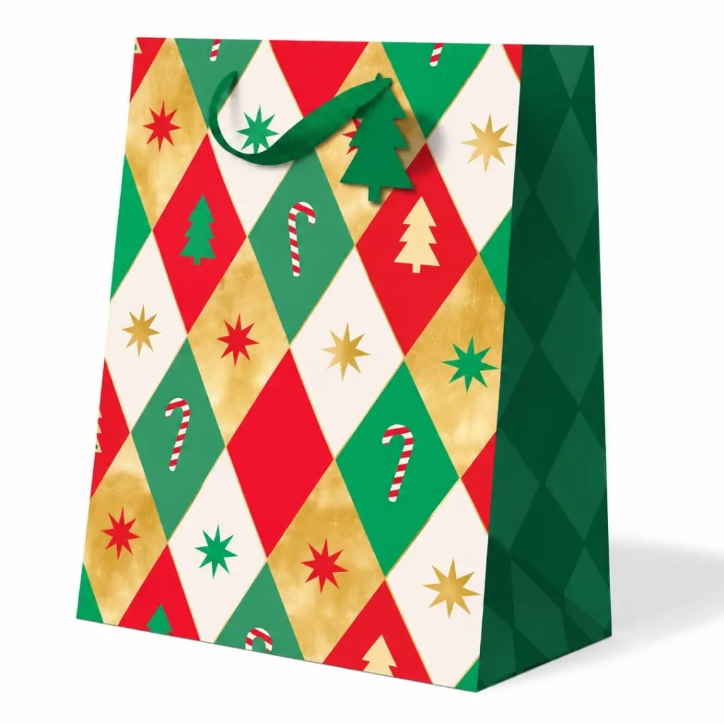 Christmas paper gift bag with a colourful diamond pattern