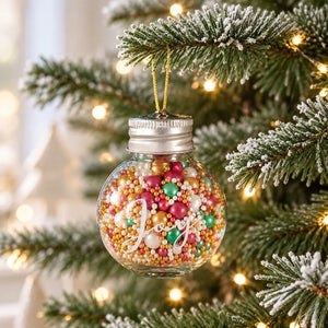 Reusable JOY Christmas ornament filled with colourful edible sprinkles
