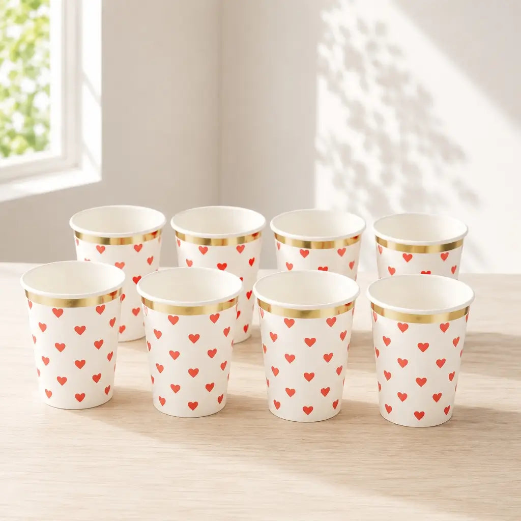 Red heart paper cups with gold foil rim 266ml