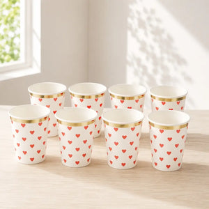 Red Heart Paper Cups with Gold Foil Rim 266ml 8pk