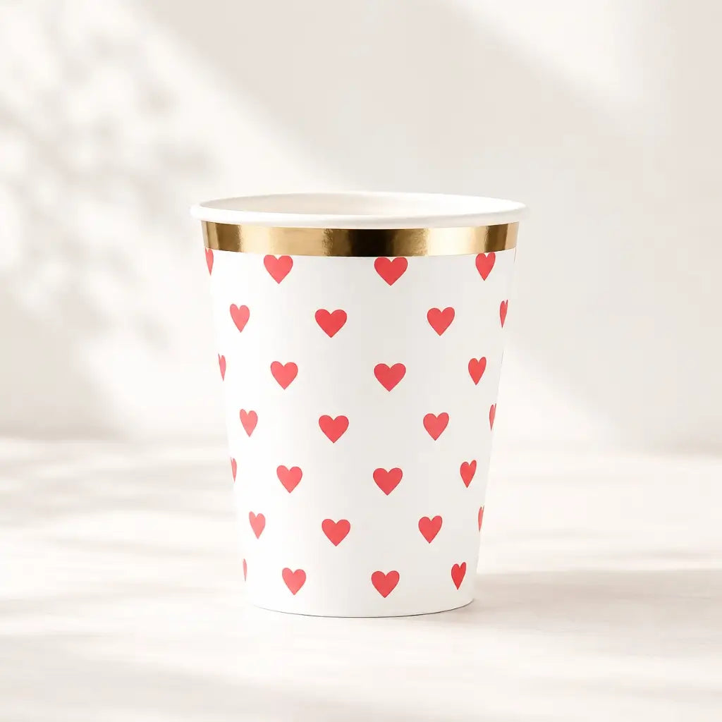 Red heart paper cups with gold foil rim 266ml