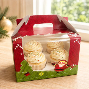 Santa Christmas four-cupcake gift box with clear window and handle