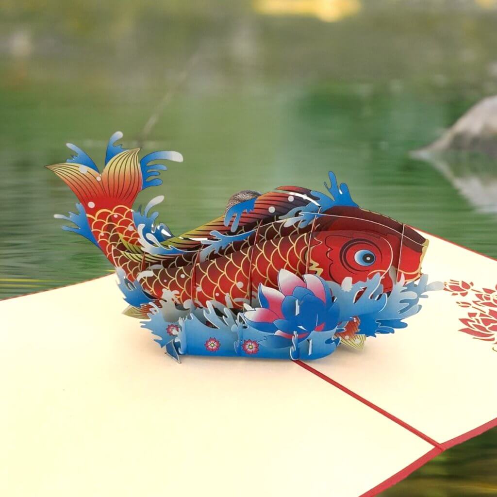 Handmade Online Party Supplies Red Japanese Koi Fish Pop Up Greeting Card