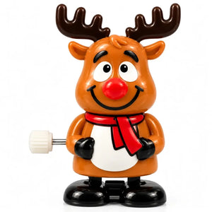 Smiling red-nosed reindeer wind-up Christmas toy wearing a scarf