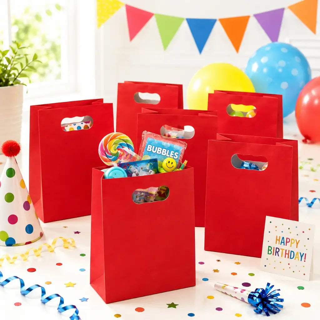 Red gift bags measuring 11 x 5 x 18cm