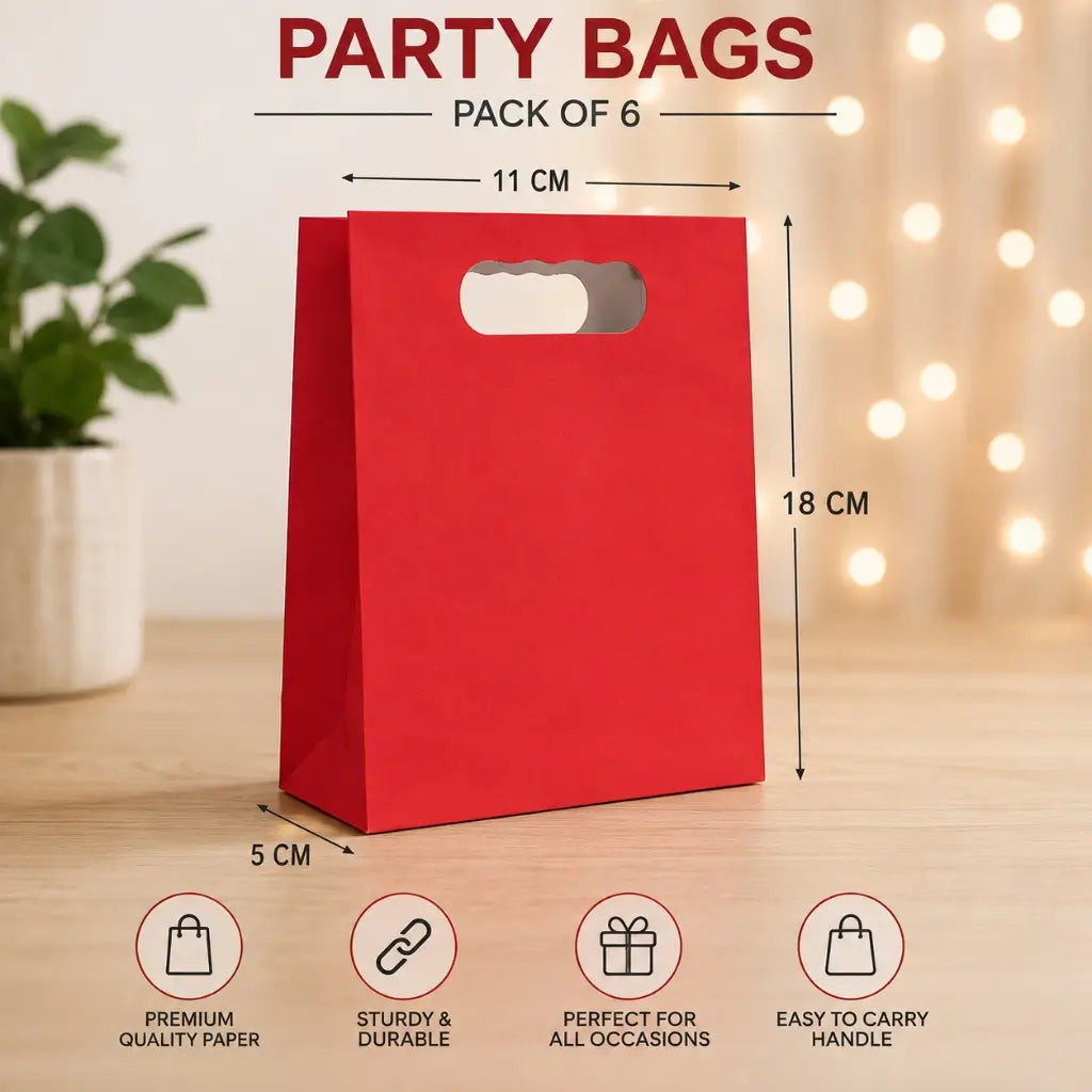 Red paper party bags with die-cut handles pack of 6
