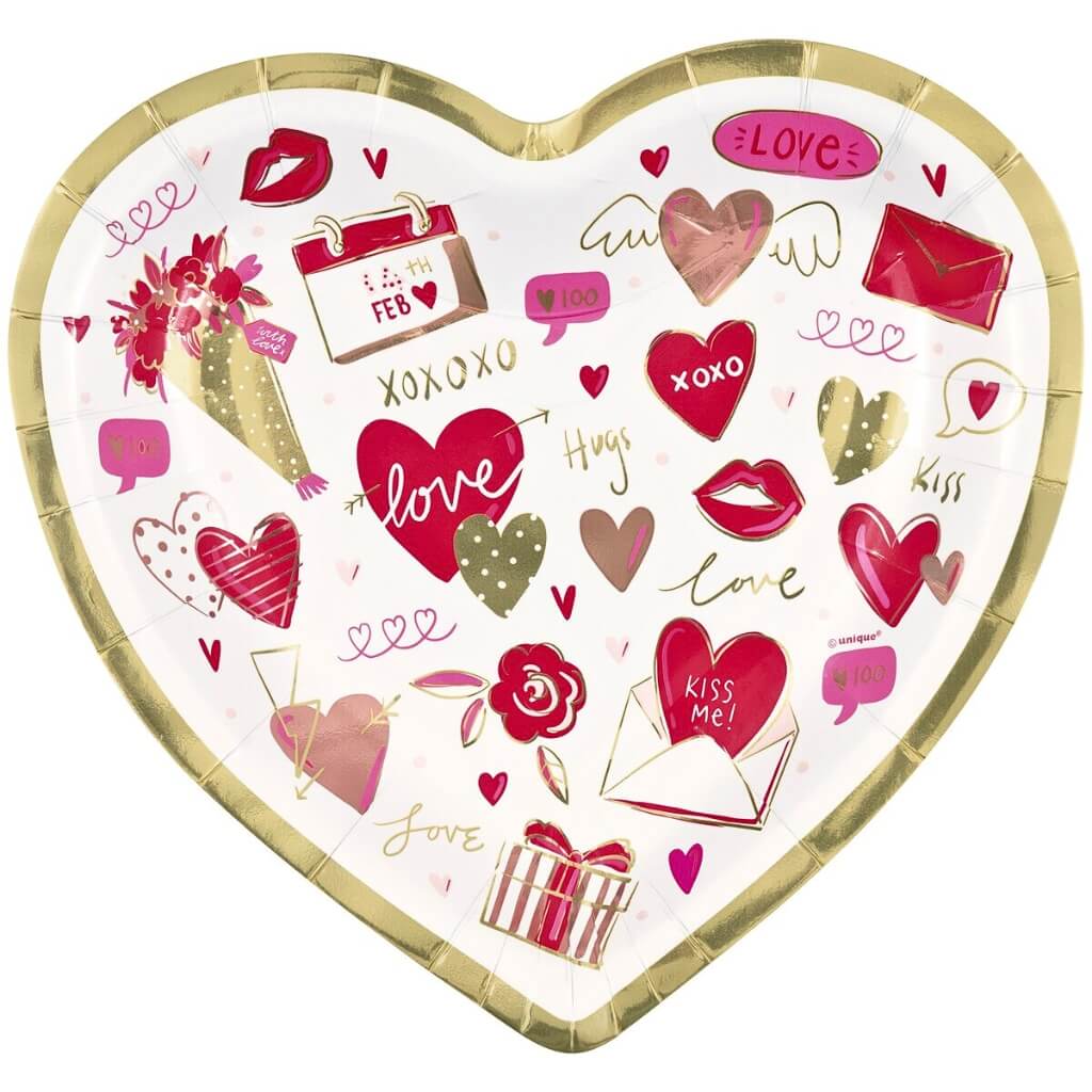 Red and pink heart shaped foil stamped paper plates 8 pack for valentines day table decorations