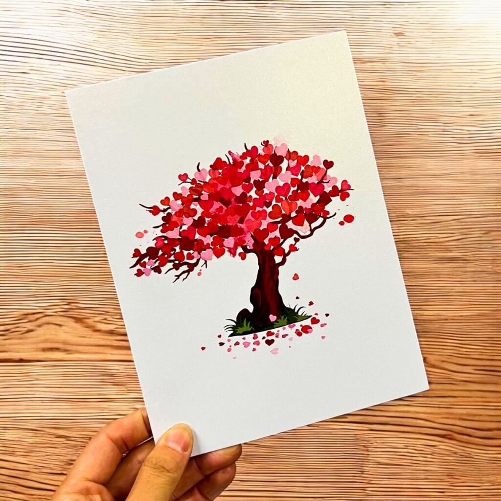 Handmade Red Pink Heart Cherry Blossom Tree 3D Origami Pop Up Greeting Card